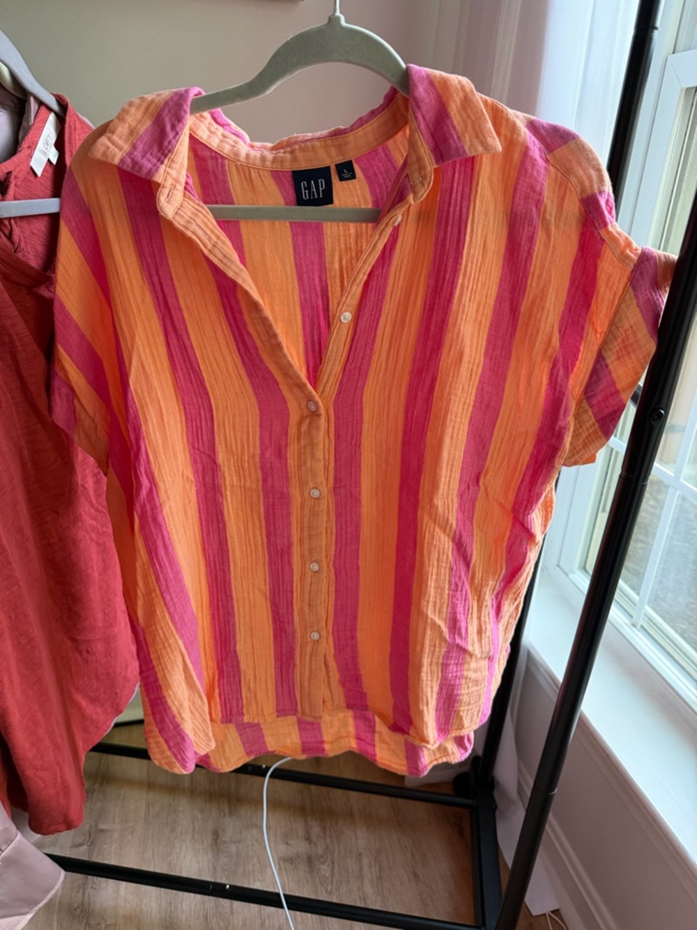 GAP Bright Pink and Orange Striped Camp Shirt